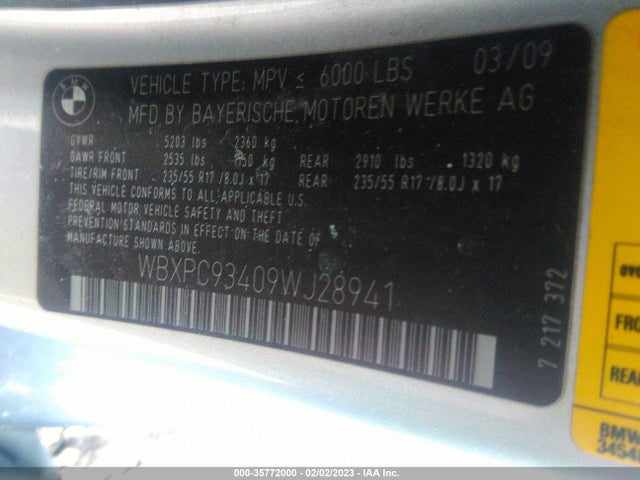 35772000 :رقم المزاد ، WBXPC93409WJ28941 vin ، 2009 Bmw X3 Xdrive30i مزاد بيع