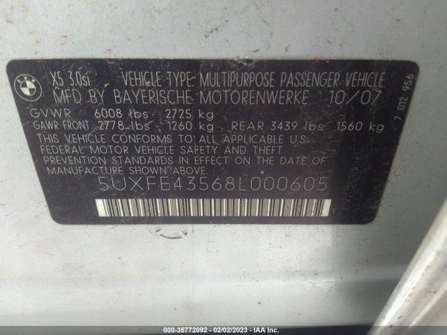 BMW X5 3.0SI 2008 5UXFE43568L000605 Image 10