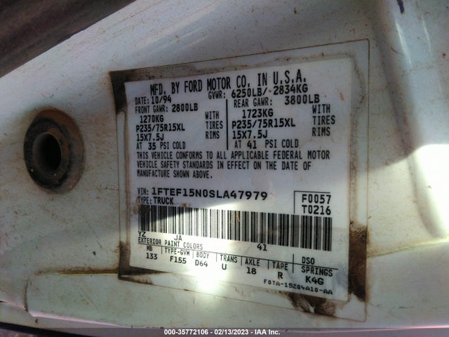 1995 FORD F150 VIN: 1FTEF15N0SLA47979