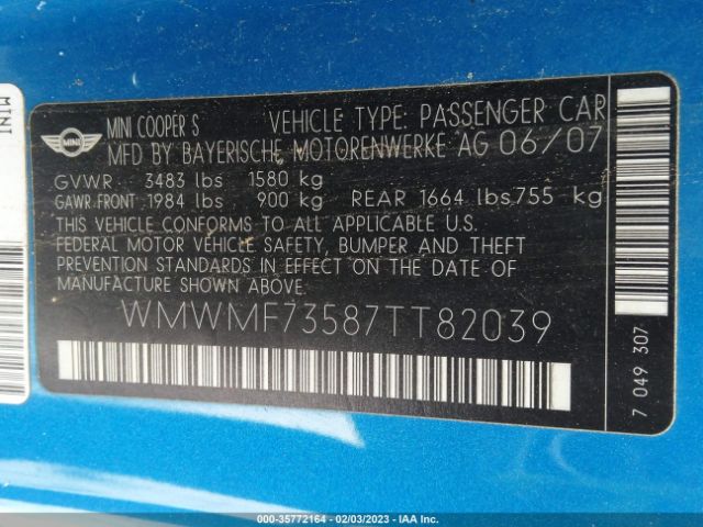 WMWMF73587TT82039 Mini Cooper Hardtop S