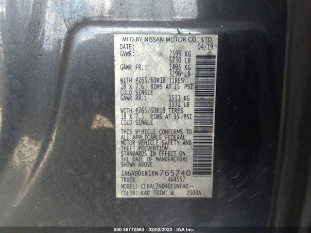 2019 Nissan Frontier, VIN: 1N6AD0ER1KN765740