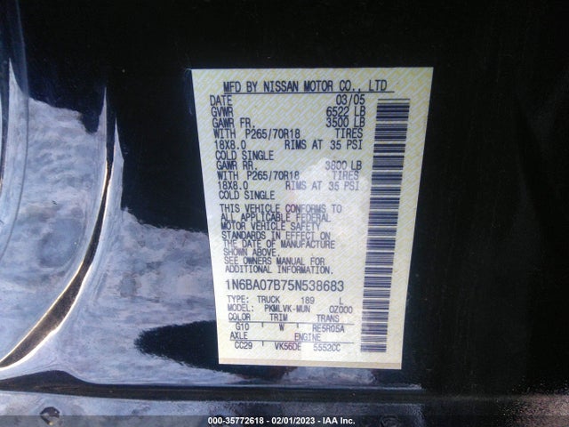 2005 NISSAN TITAN LE VIN: 1N6BA07B75N538683