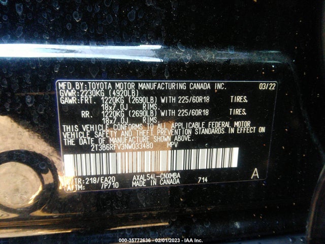 2022 Toyota RAV4, VIN: 2T3B6RFV3NW033480
