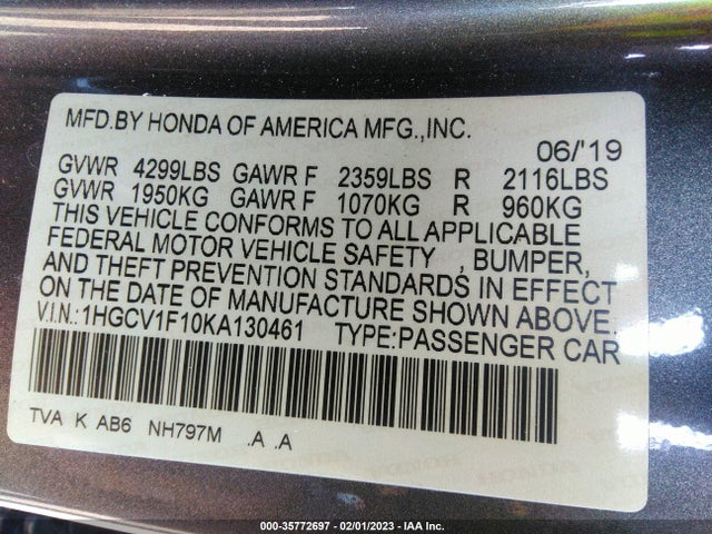 2019 HONDA ACCORD SEDAN LX 1.5T VIN: 1HGCV1F10KA130461