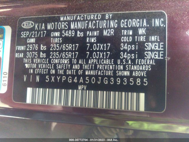 5XYPG4A50JG393585 KIA Sorento Lx V6