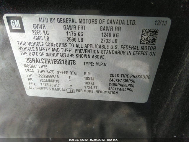 Продажа на аукционе авто 2014 Chevrolet Equinox Lt, vin: 2GNALCEK1E6216078, номер лота: 35772722