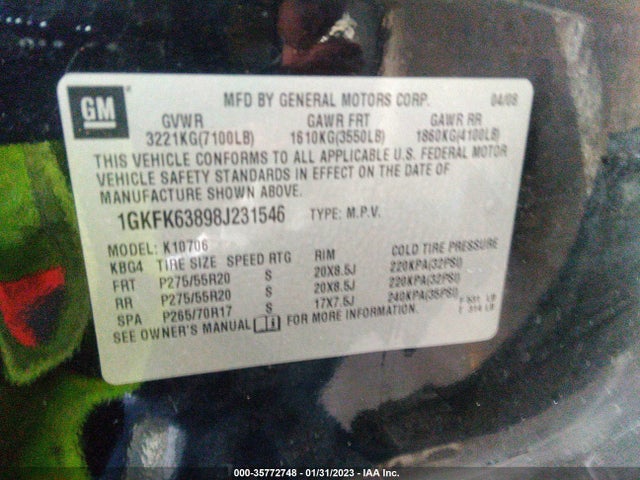 2008 GMC YUKON DENALI VIN: 1GKFK63898J231546
