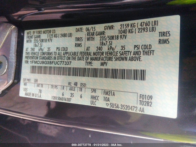 2015 FORD ESCAPE SE VIN: 1FMCU9GX6FUC77337