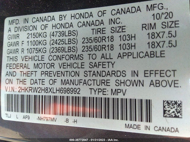 2020 Honda CR-V, VIN: 2HKRW2H8XLH698992