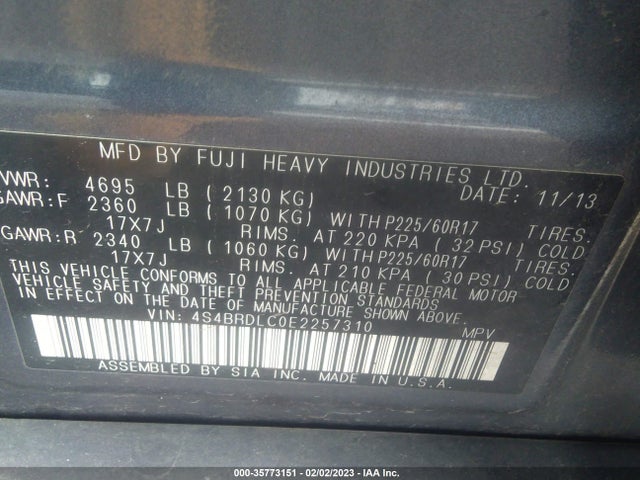 4S4BRDLC0E2257310 Subaru Outback 3.6r Limited