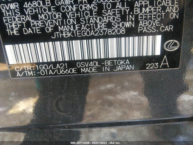 JTHBK1EG0A2378208 Lexus ES 350