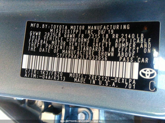 2020 Toyota Corolla, VIN: 5YFEPRAE2LP033656