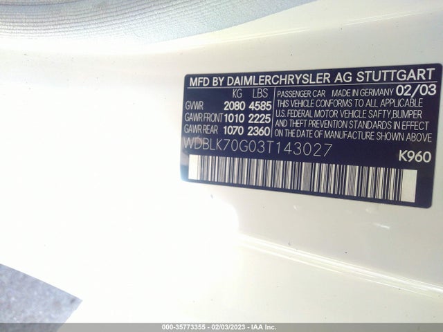2003 MERCEDES-BENZ CLK-CLASS 4.3L VIN: WDBLK70G03T143027