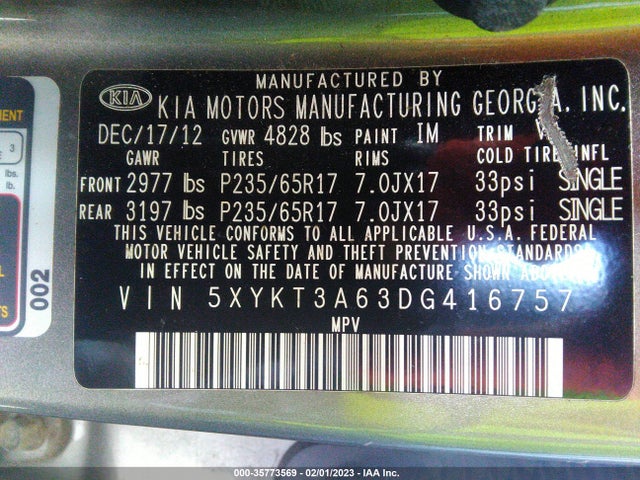 2013 KIA SORENTO LX VIN: 5XYKT3A63DG416757