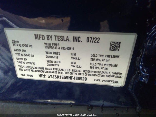 2022 Tesla Model S, VIN: 5YJSA1E59NF486929