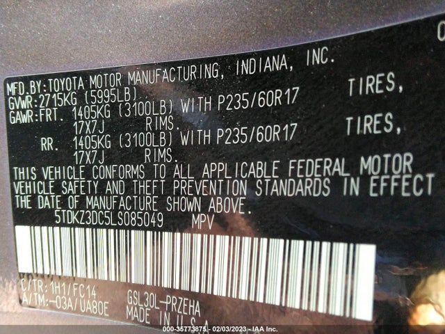 2020 Toyota Sienna, VIN: 5TDKZ3DC5LS085049