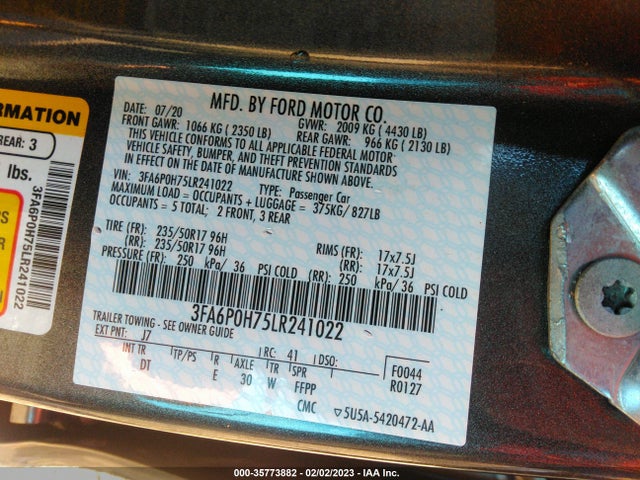 2020 FORD FUSION SE VIN: 3FA6P0H75LR241022