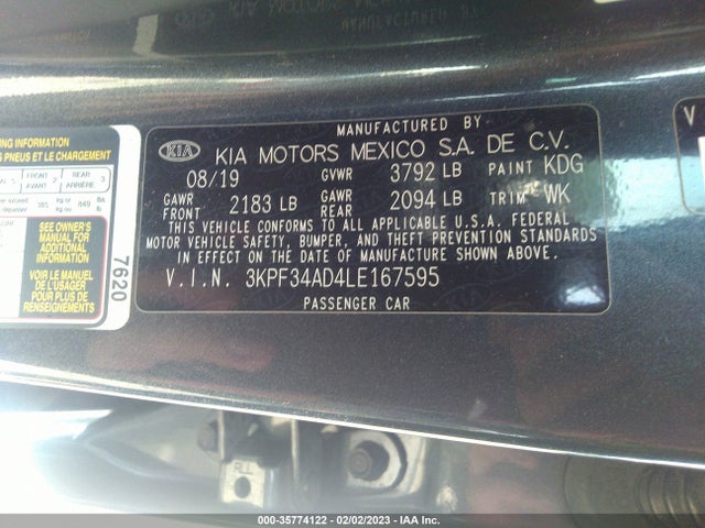 2020 KIA FORTE GT LINE VIN: 3KPF34AD4LE167595