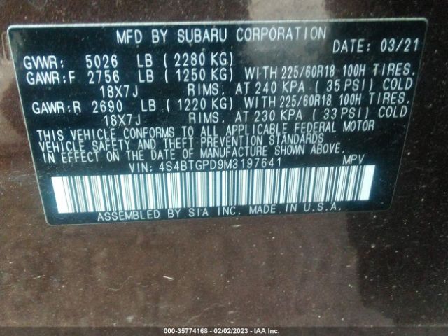 4S4BTGPD9M3197641 Subaru Outback Touring Xt