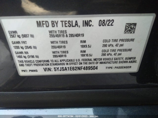 Tesla Model S Plaid 2022 5YJSA1E62NF489504 Image 9