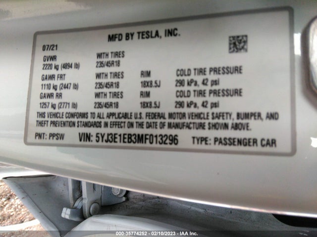 Tesla Model 3 Long Range 2021 5YJ3E1EB3MF013296 Image 11