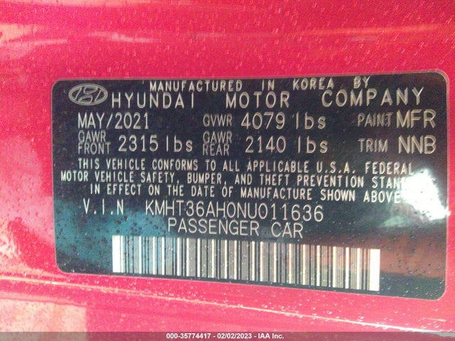 2022 Hyundai Veloster, VIN: KMHT36AH0NU011636