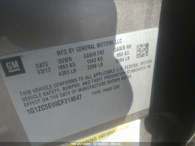 2012 CHEVROLET MALIBU LT W/1LT VIN: 1G1ZC5E09CF314647
