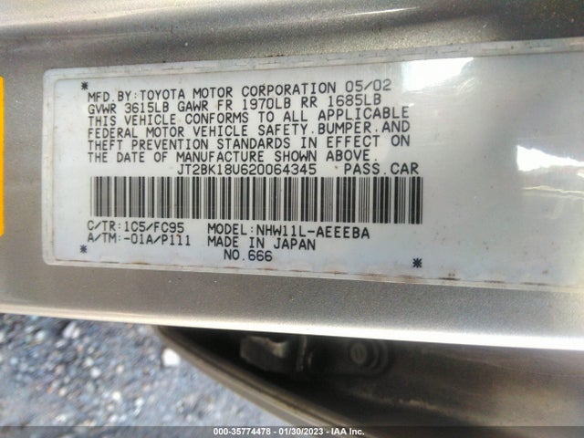 2002 TOYOTA PRIUS VIN: JT2BK18U620064345
