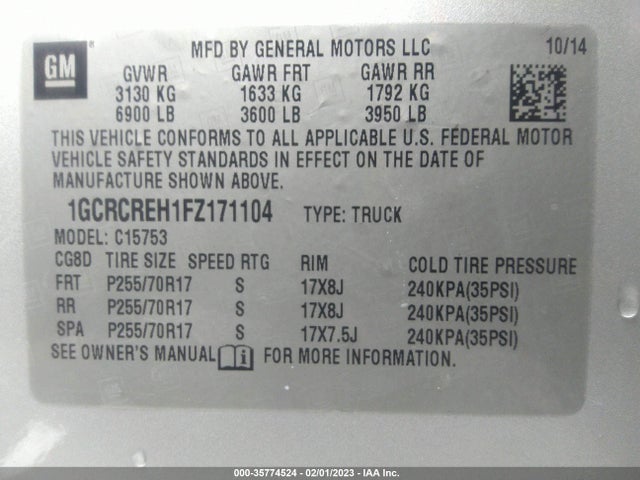 2015 CHEVROLET SILVERADO 1500 LT VIN: 1GCRCREH1FZ171104