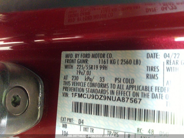 2022 Ford Escape, VIN: 1FMCU9DZ9NUA87567