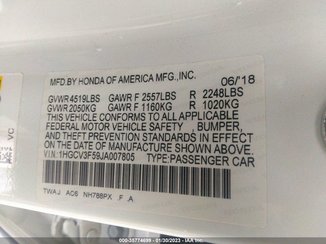 2018 Honda Accord, VIN: 1HGCV3F59JA007805