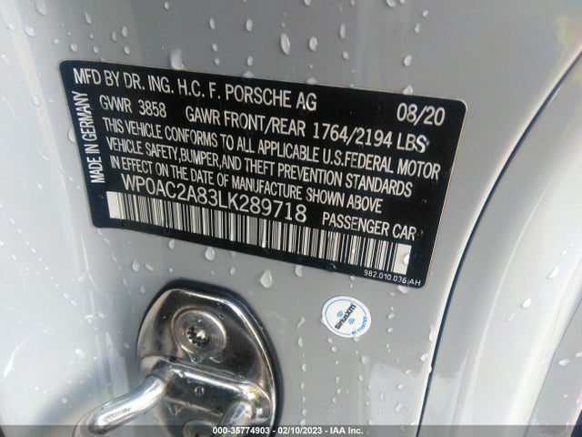 WP0AC2A83LK289718 Porsche 718 Cayman Gt4