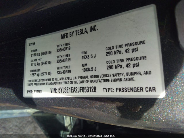 Tesla Model 3 Range Battery 2018 5YJ3E1EA2JF053128 Image 10