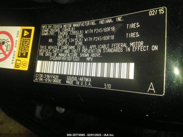2015 Toyota Highlander, VIN: 5TDZKRFH5FS071333
