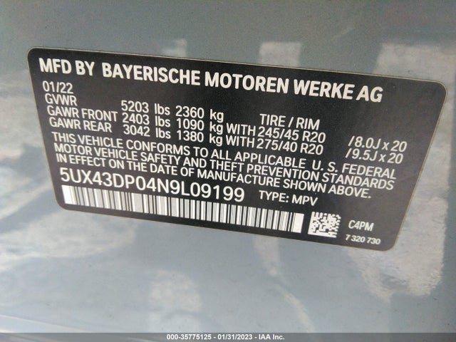 2022 BMW X3 SDRIVE30I VIN: 5UX43DP04N9L09199