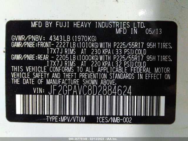 2013 SUBARU XV CROSSTREK PREMIUM VIN: JF2GPAVC8D2884624