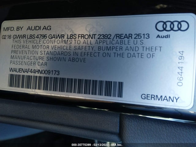2017 AUDI A4 PREMIUM PLUS VIN: WAUENAF44HN009173