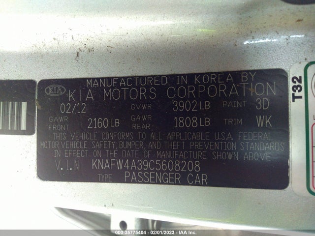 2012 KIA FORTE SX VIN: KNAFW4A39C5608208