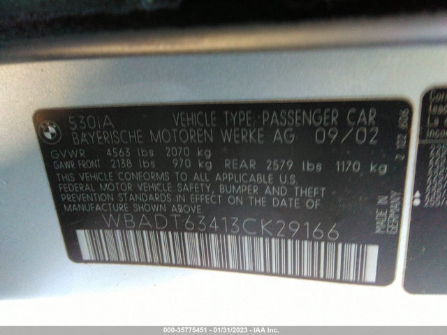 2003 BMW 5 SERIES 530IA VIN: WBADT63413CK29166