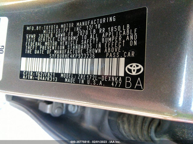 2019 Toyota Corolla, VIN: 5YFBURHE4KP923236