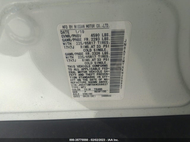 2019 NISSAN ROGUE SV VIN: JN8AT2MTXKW259837