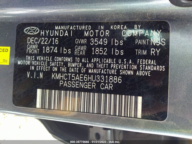 2017 HYUNDAI ACCENT SE VIN: KMHCT5AE6HU331886