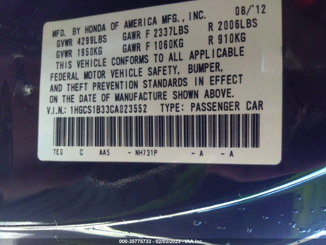 35775733 :رقم المزاد ، 1HGCS1B33CA023552 vin ، 2012 Honda Accord Cpe Lx-s مزاد بيع