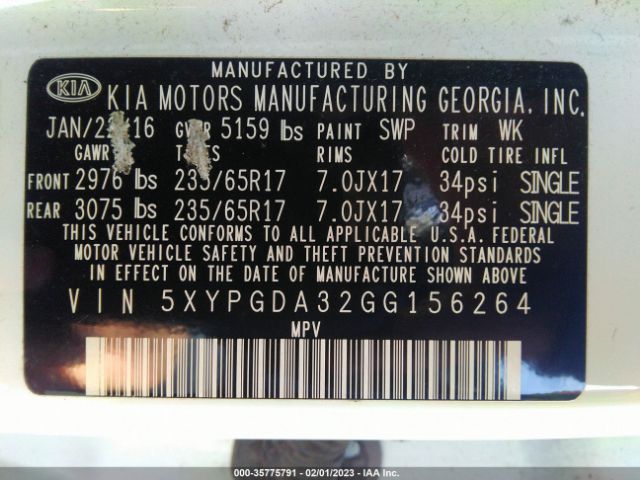 5XYPGDA32GG156264 KIA SORENTO LX