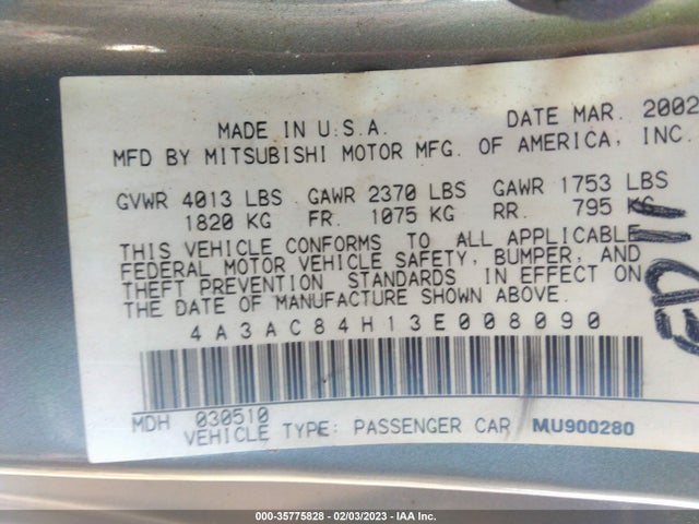 4A3AC84H13E008090 Mitsubishi ECLIPSE GT