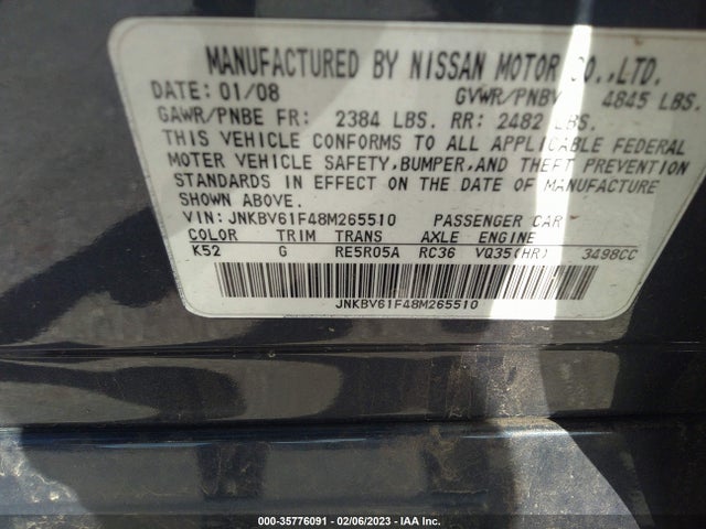 2008 INFINITI G35 SEDAN X VIN: JNKBV61F48M265510