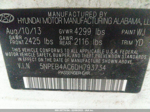 2013 HYUNDAI SONATA GLS VIN: 5NPEB4AC6DH793734
