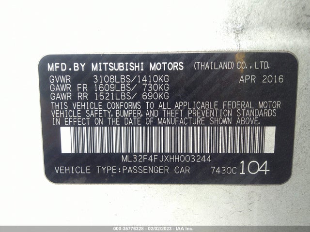 ML32F4FJXHH003244 Mitsubishi Mirage G4 Se