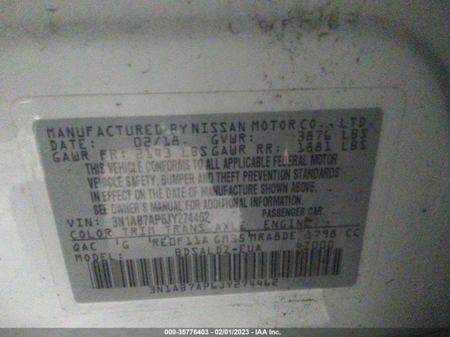 2018 Nissan Sentra, VIN: 3N1AB7AP6JY274462