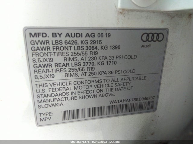2019 AUDI Q7 PREMIUM/SE PREMIUM VIN: WA1AHAF78KD046737